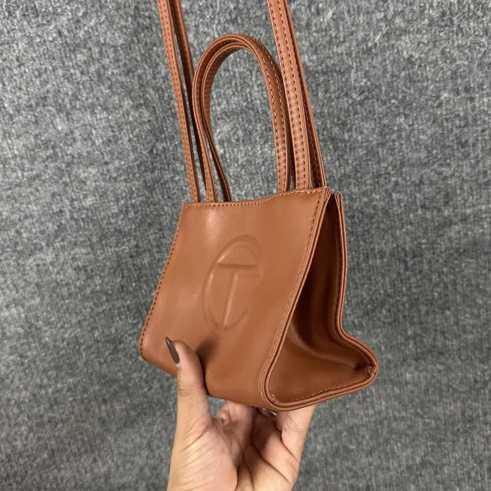Telfar Small Shopping Bag in Tan Vegan Leather Crossbody Faux Leather Logo Purse